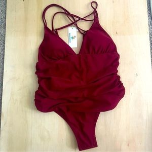 NWT One Piece Swim Suit, Burgundy, Red size Large